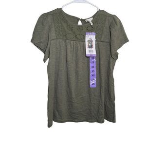 Ella Moss T-Shirt Women's XS Green Eyelet Short Sleeve Crew Neck Boho NWT